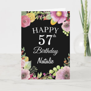 57. Geburtstag Aquarellfarben Blume Schwarze Karte