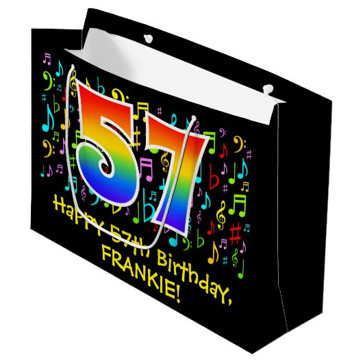57. Geburtstag - Farbige Musiksymbole, Regenbogen Große Geschenktüte (Vorderseite Schrägansicht)