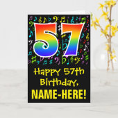 57. Geburtstag: Farbige Musiksymbole + Regenbogen Karte (Gelbe Blume)