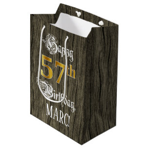 57. Geburtstag: Imitate Gold Look & Imitate Holzmu Mittlere Geschenktüte