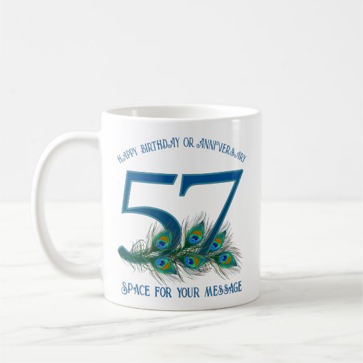 57. Geburtstag oder Jubiläum Pfauenfeder Kaffeetasse (Links)