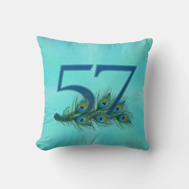 57. Geburtstag oder Jubiläum Pfauenfeder Kissen (Vorderseite)
