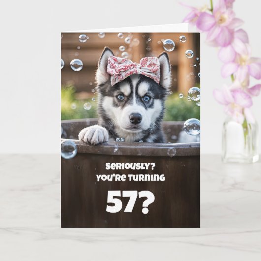 57th Birthday Cute and Funny Husky Dog Karte (Orchidee)