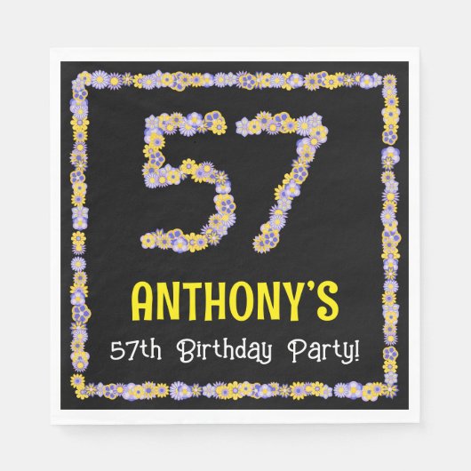 57th Birthday: Floral Flowers Number, Custom Name Serviette (Vorderseite)