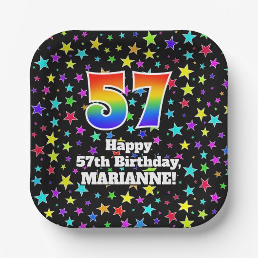 57th Birthday: Fun Stars Pattern and Rainbow “57” Pappteller (Vorderseite)
