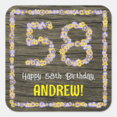 58. Geburtstag: Blumennummer, Imitate Holzbild, Na Quadratischer Aufkleber (Vorderseite)