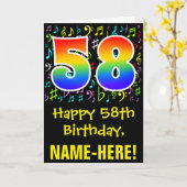 58. Geburtstag: Farbige Musiksymbole + Regenbogen  Karte (Gelbe Blume)