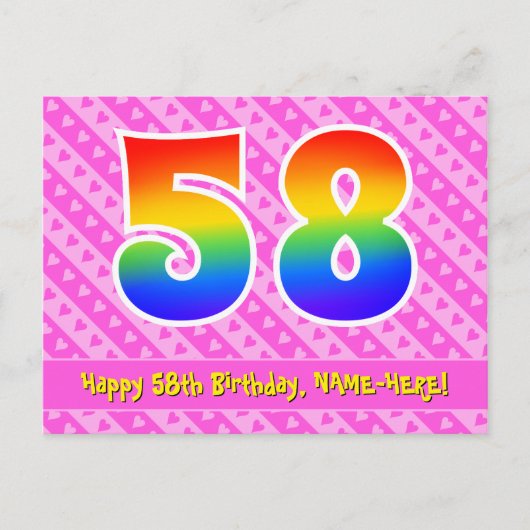 58. Geburtstag: Rosa Streifen & Herz, Regenbogen 5 Postkarte (Vorderseite)