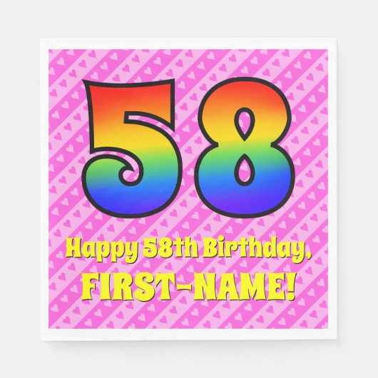 58. Geburtstag: Rosa Streifen & Herz, Regenbogen # Serviette (Vorderseite)