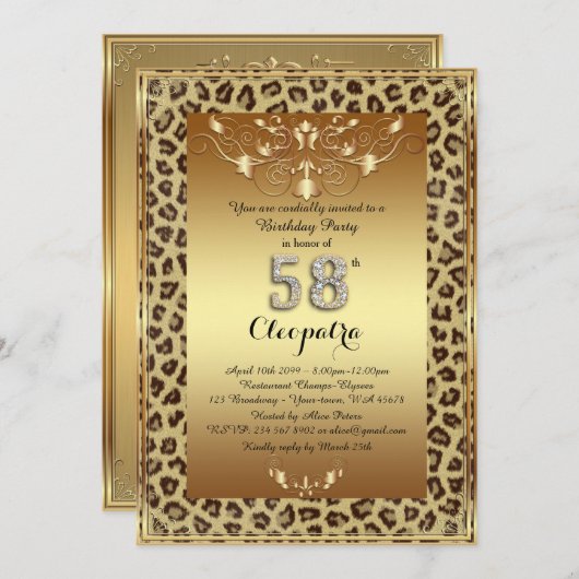 58. Geburtstagsparty 58., Royal Cheetah Gold plus Einladung (Vorne/Hinten)