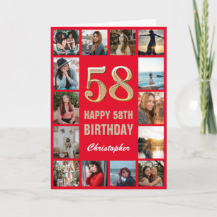 58. Happy Birthday Rot und Gold Foto Collage Karte