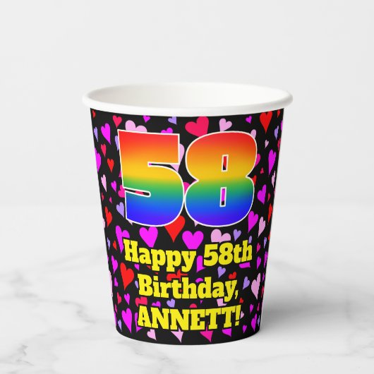 58th Birthday: Loving Hearts Pattern, Rainbow 58 Pappbecher (Rückseite)