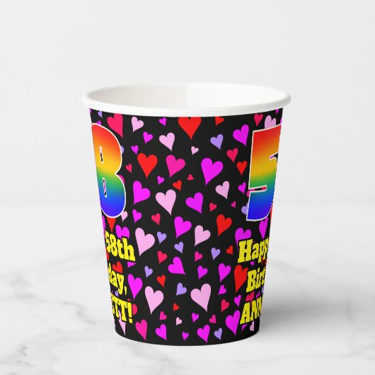 58th Birthday: Loving Hearts Pattern, Rainbow 58 Pappbecher (Links)