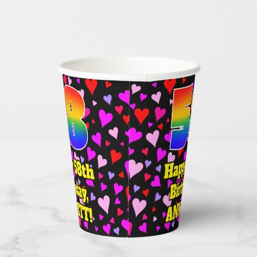 58th Birthday: Loving Hearts Pattern, Rainbow 58 Pappbecher (Rechts)