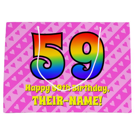 59. Geburtstag: Rosa Streifen & Herz, Regenbogen # Große Geschenktüte (Vorderseite)