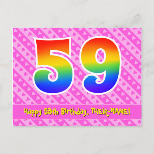 59. Geburtstag: Rosa Streifen & Herzen, Regenbogen Postkarte