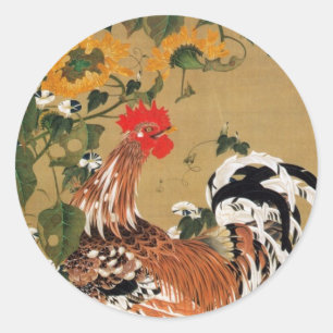 5. 向 日 葵 雄 図, 若 Sonnenblumen und Rooster, Jakuchū Runder Aufkleber