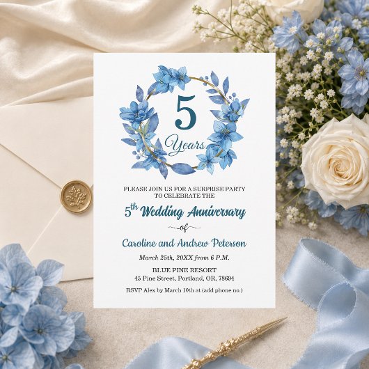 5. blaue Blumen Überraschung Hochzeitstag Einladung