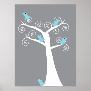 5 Blaue Vögel in einem Baum (grauer Hintergrund) D Poster