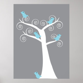 5 Blaue Vögel in einem Baum (grauer Hintergrund) d Poster