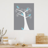 5 Blaue Vögel in einem Baum (grauer Hintergrund) d Poster (Küche)