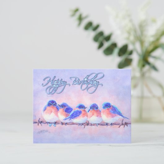 5 BLUEBIRDS AUF EINEM WIRD & TEXT VON SHARON SHARP POSTKARTE (Stehend Vorderseite)