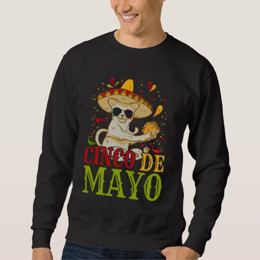 5 Cinco De Mayo  Cat With Mexican Hat And Taco Sweatshirt (Vorderseite)