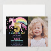 5. Einhorn Geburtstag Einladungen Schwarz mit Foto (Vorne/Hinten)