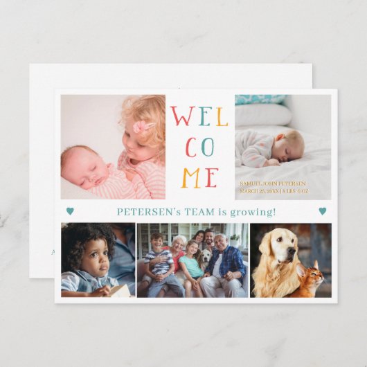 5 Familienkollektion Foto WELCOME Neugeburt Ankündigungspostkarte (Vorne/Hinten)