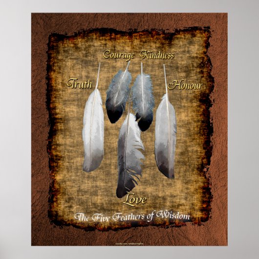5 Feathers on Parchment Native American Wisdom Poster (Vorne)