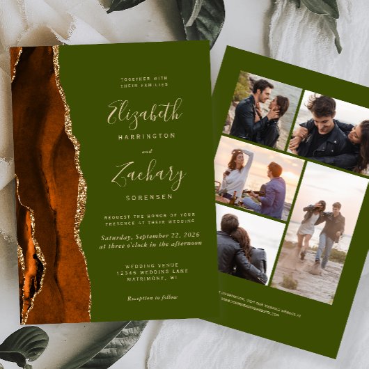 5-Foto Burnt Orange Agate Olive Green Wedding Einladung