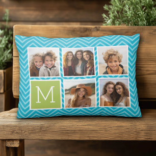 5-Foto-Collage - Aqua-Blau und Limette-Monogramm Zierkissen
