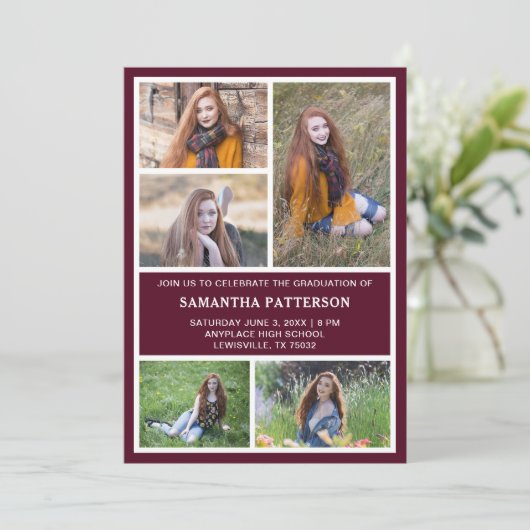 5 Foto Collage Burgundy Red & White Abschluss Einladung (Stehend Vorderseite)