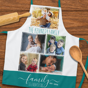 5 Foto-Collage Familienname Zitat Türkis und Weiß Schürze