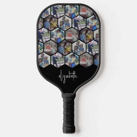5 Foto Collage - Funky Hexagon-Muster - Name Pickleball Schläger (Vorderseite)