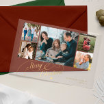 5 Foto Collage gold Merry Weihnachtskarte Acryleinladungen<br><div class="desc">Elegante stylische Merry Christmas Imitats Gold klassische Kalligraphie Drehbuch fünf Fotos Familie Klarsichtschreiben Plexiglaskarte mit Ihrem individuellen personalisierten Text auf beiden Seiten.          BITTE BEACHTEN SIE,  dass die Hintergrundfarbe editierbar ist. Sie können es ändern,  nachdem Sie unter dem IT-Menü PERSONALISIEREN die Option CUSTOMIZE ausgewählt haben.</div>