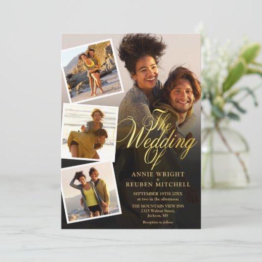 5 Foto Collage Gold Script QR Code Hochzeit Einladung (Stehend Vorderseite)