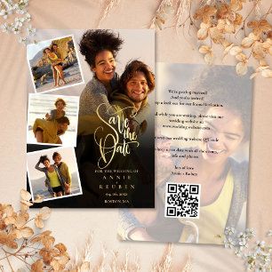 5 Foto-Collage Hochzeit Gold Schrift QR Code Save The Date