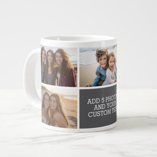5-Foto-Collage mit Text - Minimal Grau Weiß Jumbo-Tasse (Vorderseite Links)