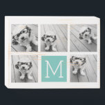 5 Foto Collage Monogram - weiß und Aquamarin Holzkisten Schild<br><div class="desc">Für dieses Design können Sie quadratische oder selbstständige Fotos verwenden. Verwenden Sie fünf quadratische Fotos,  um ein einzigartiges und persönliches Geschenk zu kreieren. Oder man behalte den Hipster Welpe und macht einen trendigen Sake. Wenn Sie die Bilder anpassen müssen,  klicken Sie auf das Werkzeug anpassen,  um Änderungen vorzunehmen.</div>
