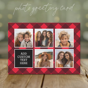5-Foto-Collage - Monogramm Rot-Schwarz-Buffalo-Kar Feiertagskarte