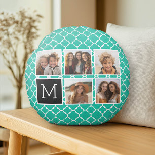 5-Foto-Collage-Monogramm - Smaragdgrün und Schwarz Rundes Kissen