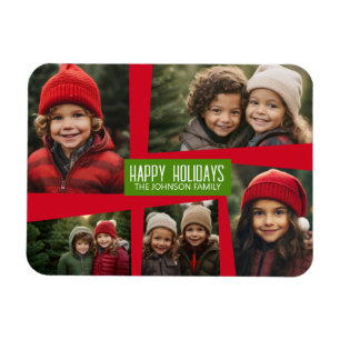 5 Foto Collage Retro Happy Holidays Red Green Magnet