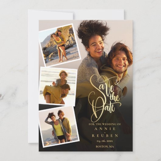5 Foto Collage Wedding Gold Script Save The Date (Vorderseite)