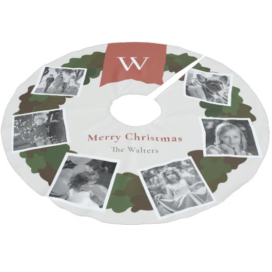 5 Foto Collage Wreath Monogram Burgundy Polyester Weihnachtsbaumdecke (Schrägansicht)