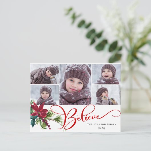 5 Foto Elegant Poinsettia Weihnachten BELIEVE Postkarte (Stehend Vorderseite)