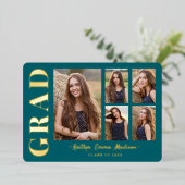 5 Foto Grad Collage Aquamarin & Gold Foil Card Folieneinladung (Stehend vorne)