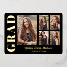 5 Foto Grad Collage Black & Gold Foil Card