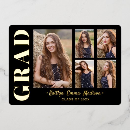 5 Foto Grad Collage Black & Gold Foil Card Folieneinladung (Vorderseite)