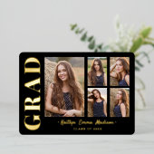 5 Foto Grad Collage Black & Gold Foil Card Folieneinladung (Stehend vorne)